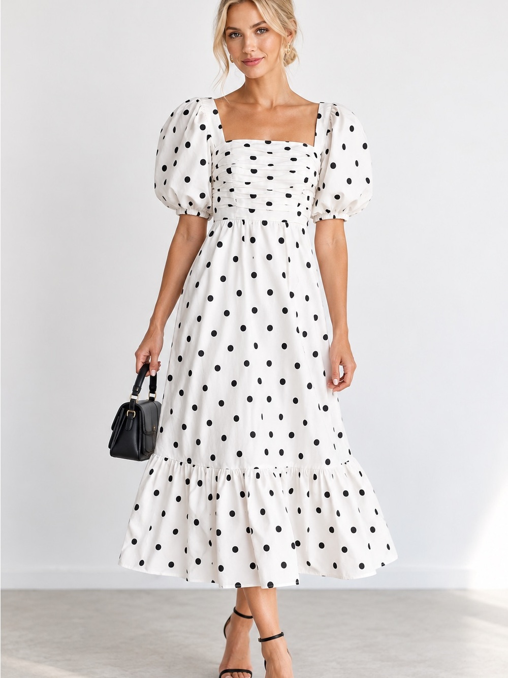 Self-Portrait Polka Dot Taffeta Midi Dress Puff Sleeve US 0